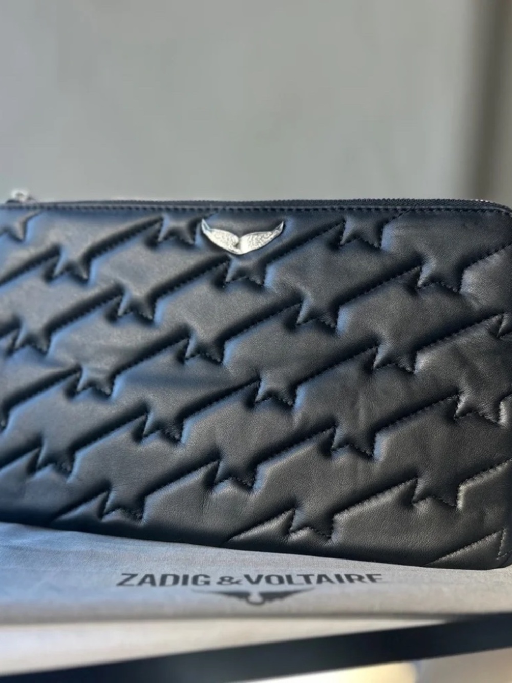 Zadig & Voltaire NWT Uma Wings Black Quilted Star Wristlet Clutch w/ Silver Logo